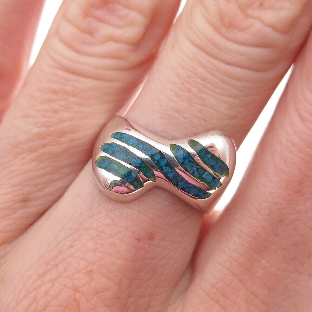925 Sterling Silver Vintage Real Turquoise Inlay Modernist Wavy Ring Size 7